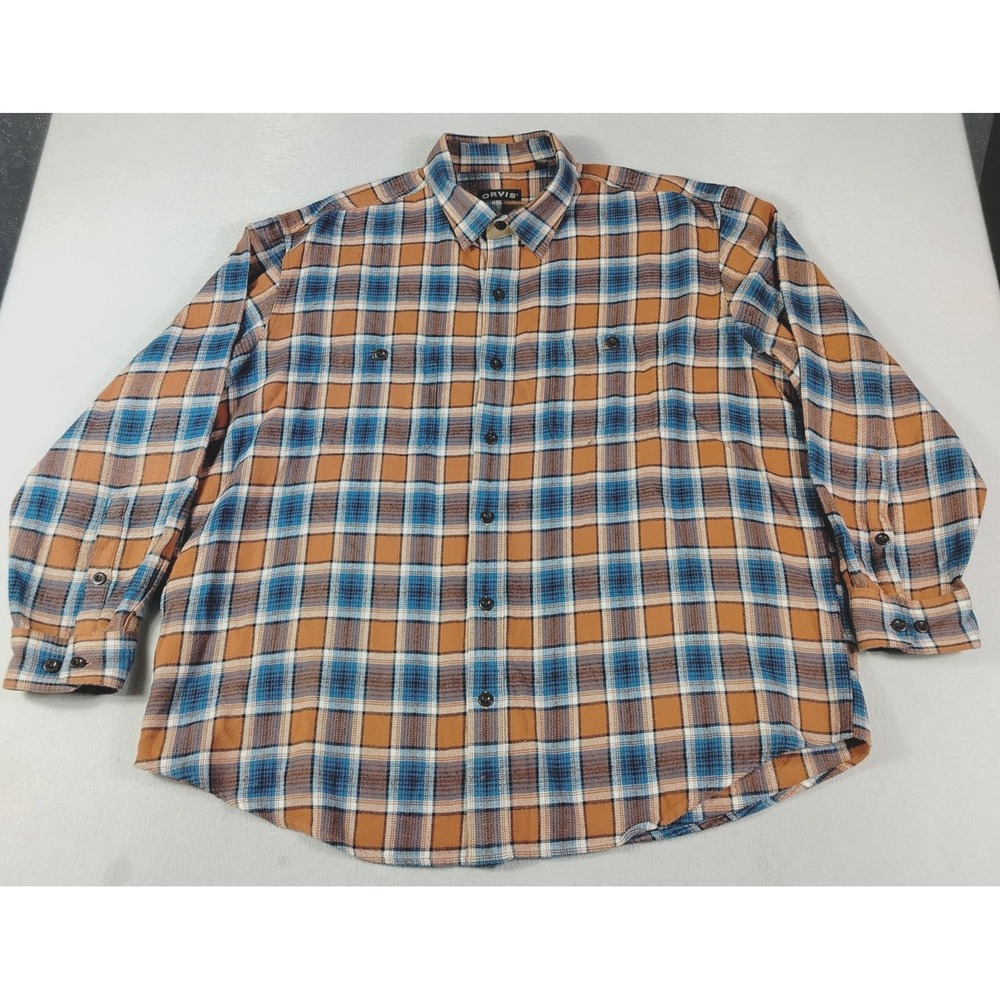 Orvis Perfect Flannel Shirt Mens 2XL Orange Plaid Long Sleeve Outdoor Cabincore